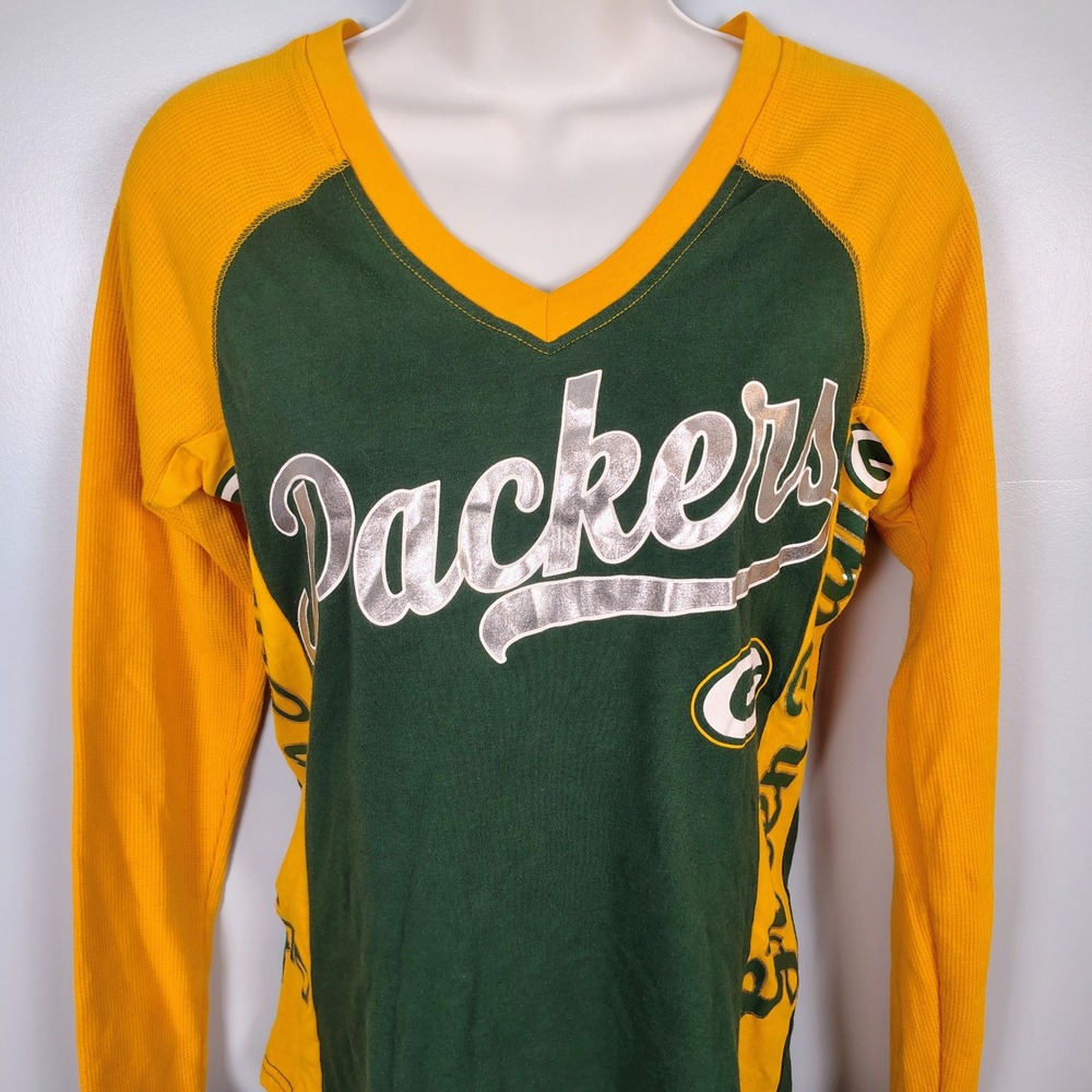 Hands High Green Bay Packers Womens XS V-Neck Long Sleeve Shirt Green Yellow NFL - Picture 2 of 8
